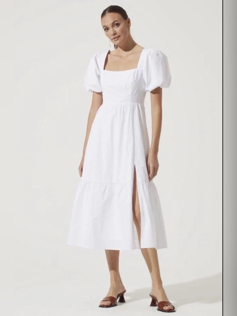 ASTR The Label Poplin Tiered Midi Dress Off White Sz XS Puff-Sleeve Square Neck